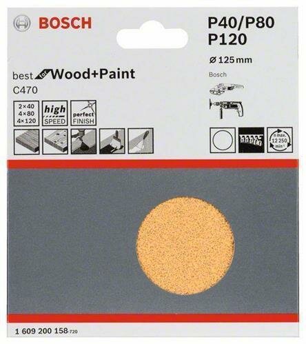 Bosch Schleifblatt-Set C470, 125 mm, 2x40, 4x80, 4x120, ungelocht, Klett, 10er-Pack